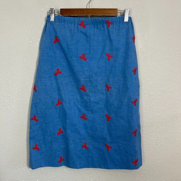 VTG Denim Chambray Skirt S Blue Embroidered Red Lobsters Nautical Coastal - Picture 3 of 8